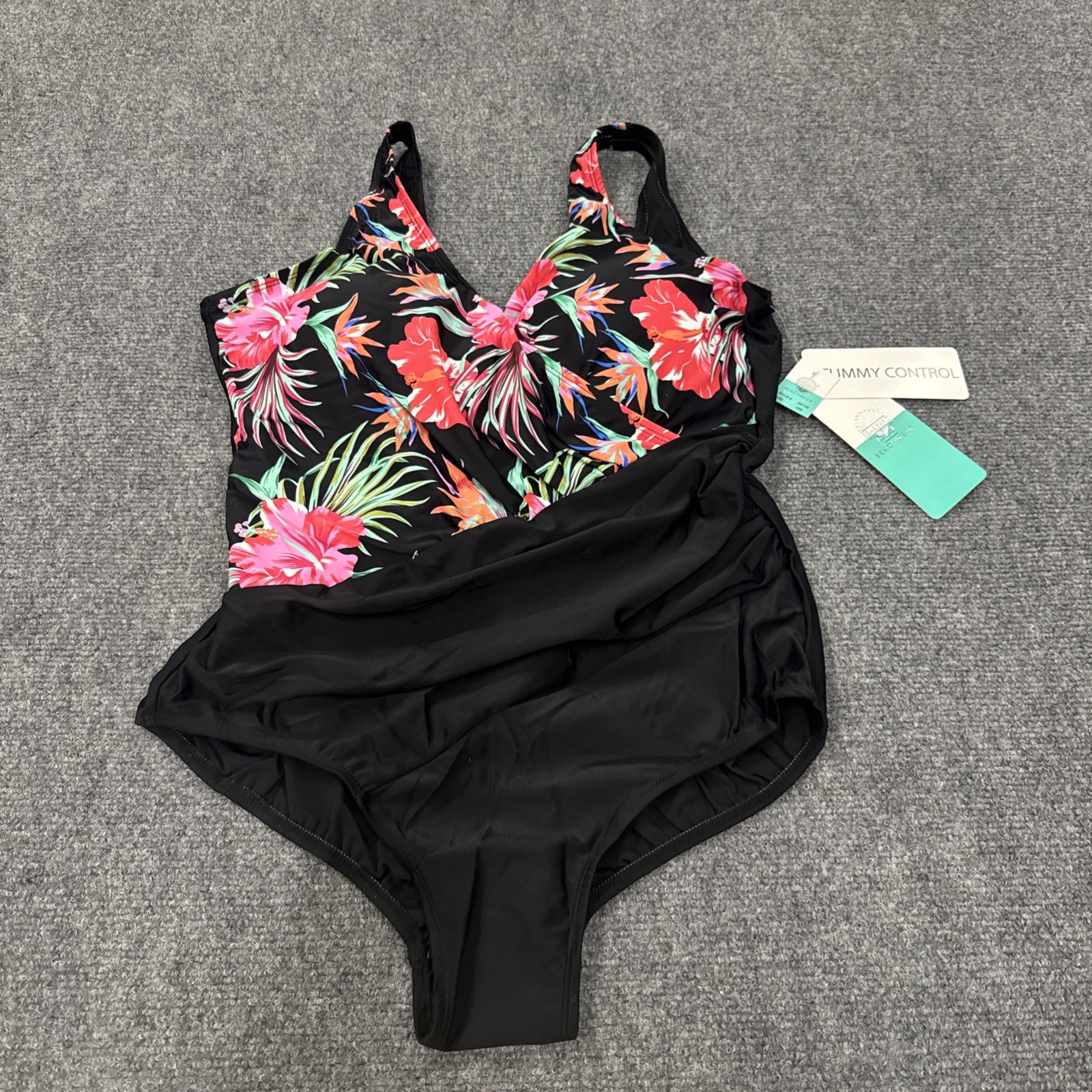 Plus Size 18W Bal Harbour Tummy Control One-Piece Swimsuit Black w/ Multi Color