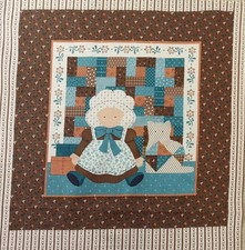 VTG Cranston~"Turq Sunbonnet Doll & Kitty"~ Cotton Fabric Panel ~ 14.25"x14.25"
