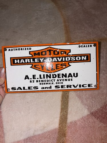 Porcelain Harley Davidson Motor Cycles A.E Lindenau Sign 