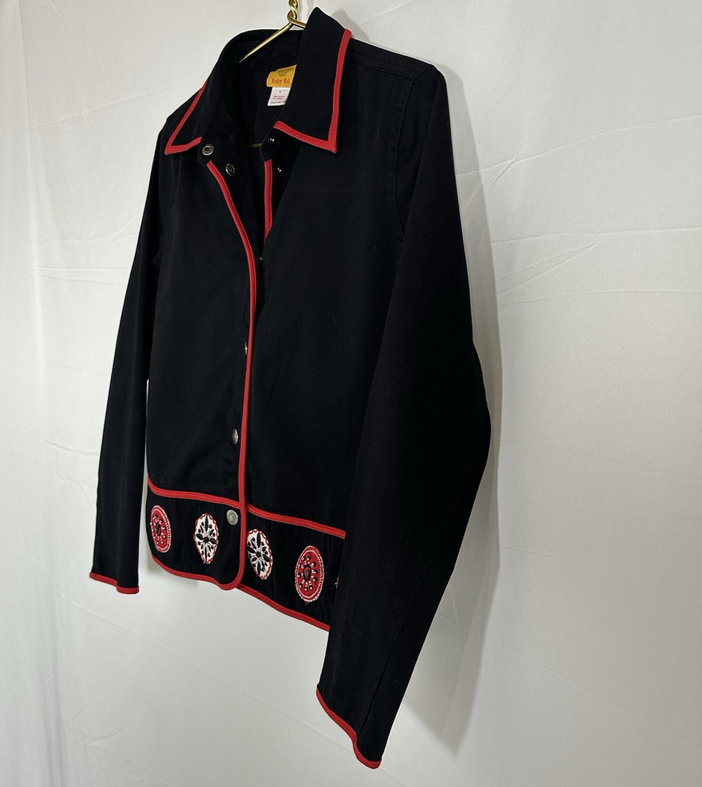 Ruby Red Black Blazer Jacket Red Trim Embroidered… - image 4