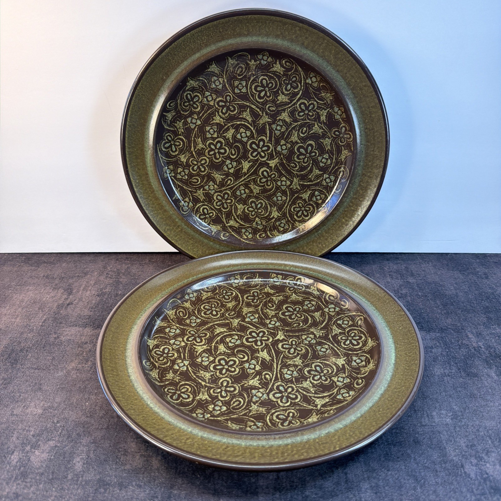 2 Franciscan Madeira Earthenware Dinner Plates, 10.5”, Brown & Green Floral, VTG