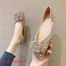 Womens Bow Sequins Bling Crystal Flats Square Toe Ballet Shoes Casual Slip On