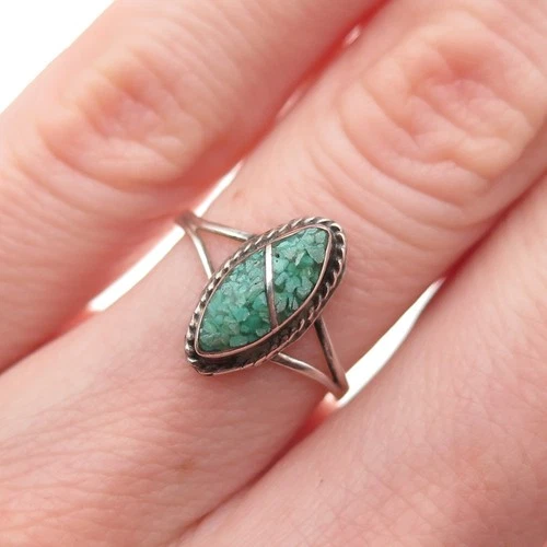 925 Sterling Silver Vintage Mexico Real Turquoise Inlay Ring Size 5
