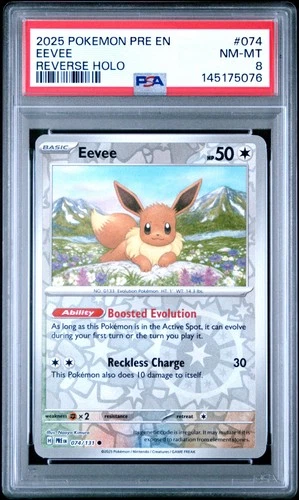 2025 POKEMON PRE EN-PRISMATIC EVOLUTIONS REVERSE HOLO #074 EEVEE PSA 8