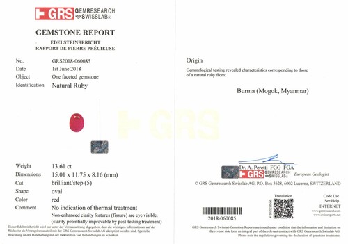 Rubino BURMA Certificato GRS 13,61 Cts Naturale Non Trattato Rosso Profondo Ovale - Foto 2 di 10