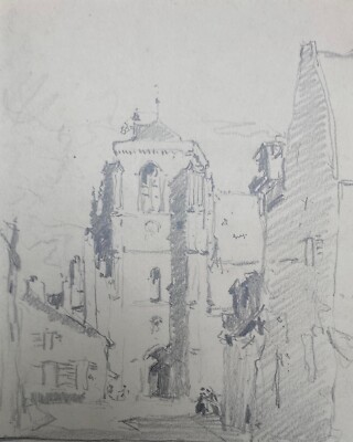 George Graham Original antike Bleistiftskizze Kathedrale & Straßenlandschaft