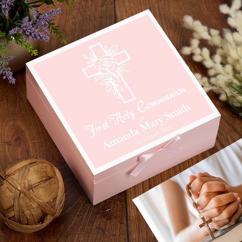 Personalisierte Erstkommunion Andenkenbox Geschenk Jungen oder Mädchen Rosenkreuz - Bild 3 von 4