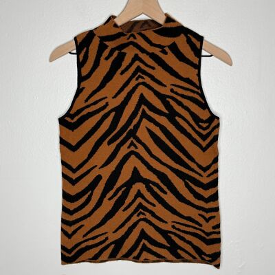 Carmen Marc Valvo Womens Mock Neck Top Small Brown Black Zebra Thick Sleeveless