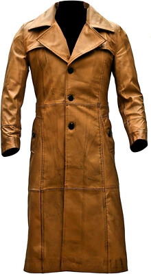 Mens Duster Leather Trench Coat for Men Long Vintage Distressed Brown Coat