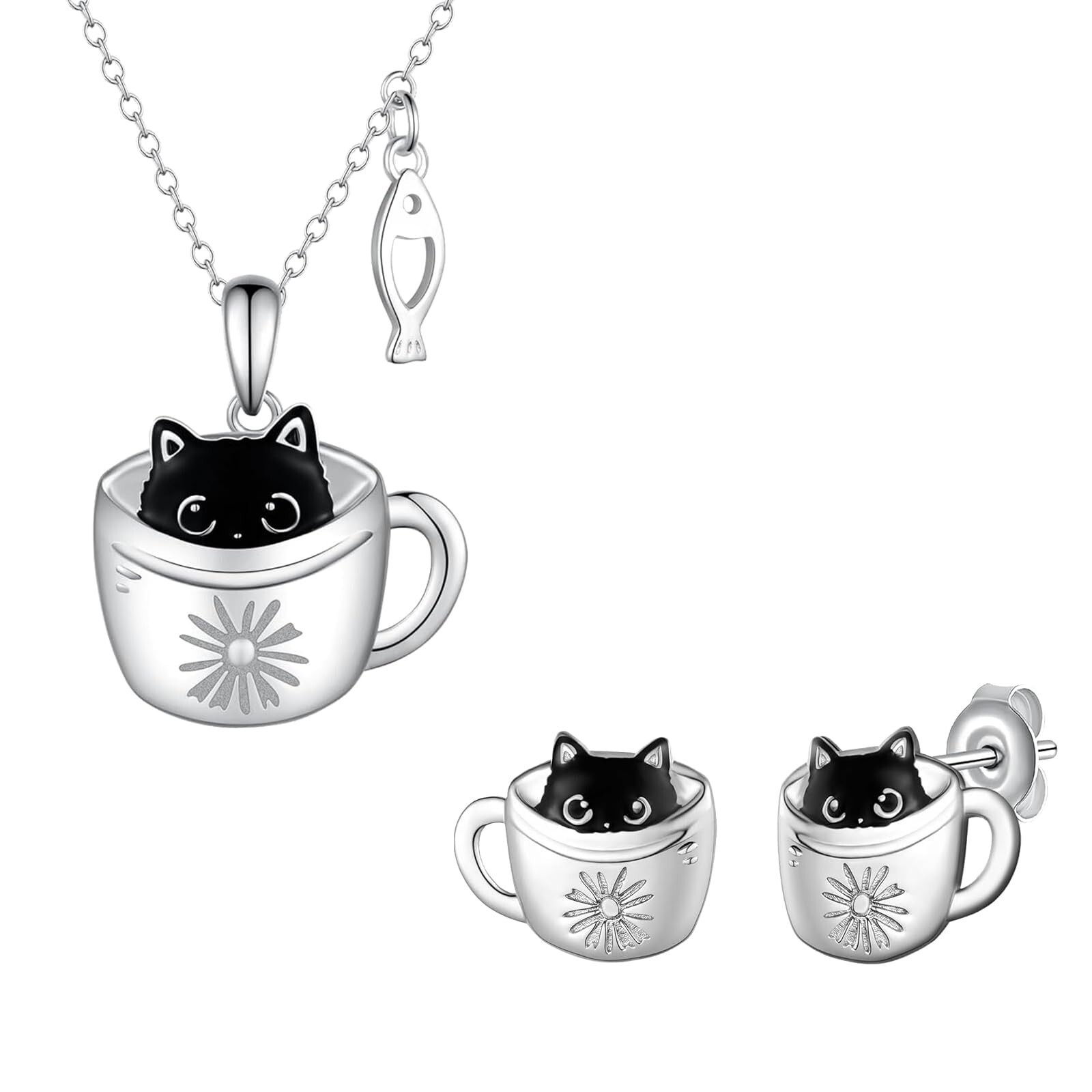 Black Cat Cup Necklace and Earrings 925 Sterling Silver Black Cat Jewelry Gif...