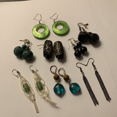 Lot Of 8 Costume Earrings Pierced Mix - Dangle - Some Bead - Green, Black Etc