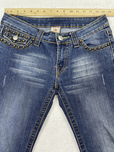 True Religion Jeans Women 28 Blue Bobby Super T Hvy Stitch USA Studded Flap Pkt - Picture 4 of 10