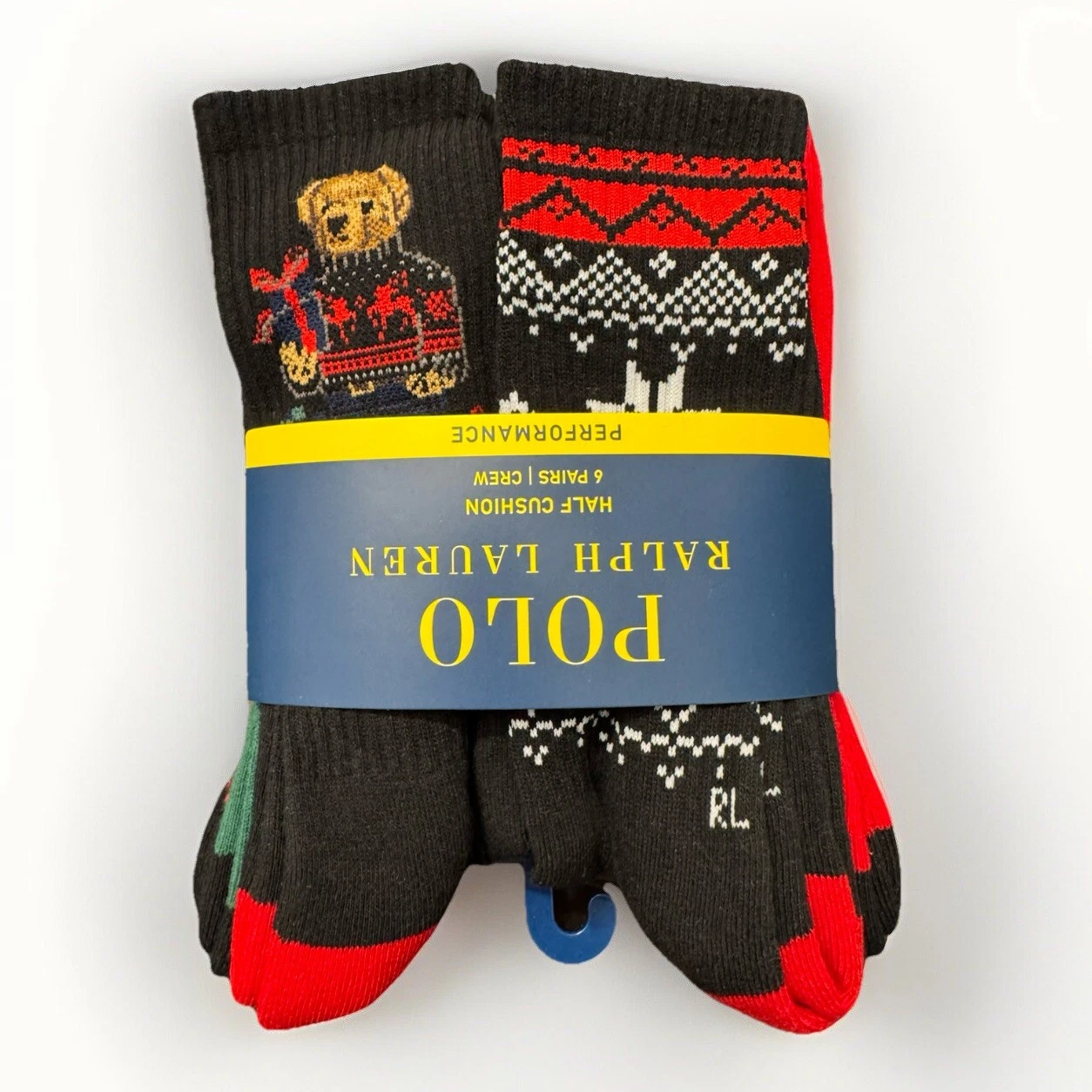 POLO Ralph Lauren Stripe Mens Half Cushion 6 Pairs Performance Cotton Crew Socks