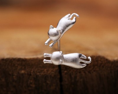 3D Sterling silver small cute cat kitty animal stud earrings Gift party S1 