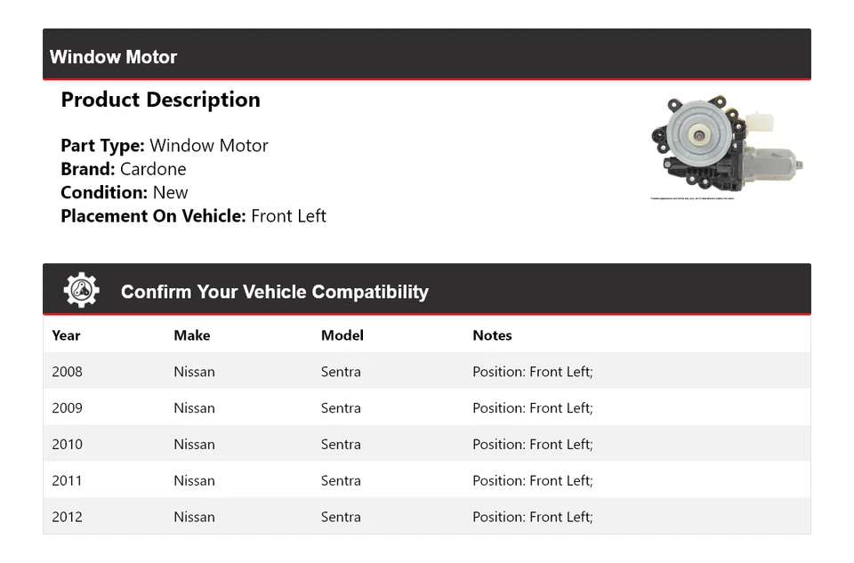 Motor ventana delantero izquierdo cardone 2009 2010 2011 Nissan Sentra 2008-2012 Foto 2 de 4