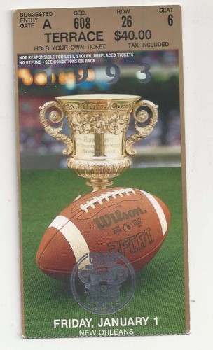 1993 Alabama v Miami Sugar Bowl football ticket stub National Champions (gold)vg