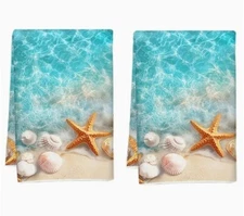 Beach Vibes - Starfish & Seashell Hand Towels Kitchen or Bath 18 x 26 inch 2 pc.