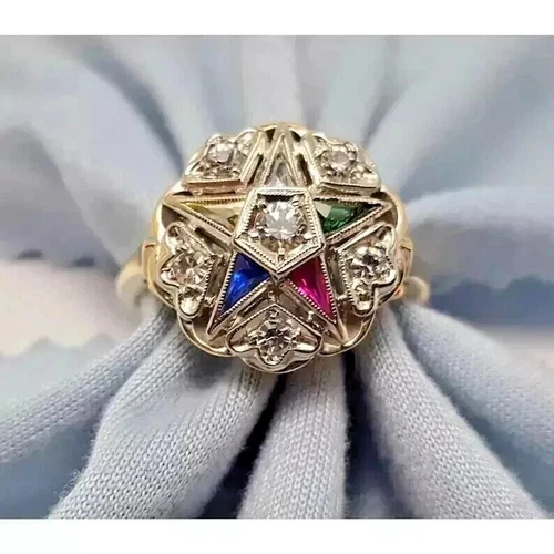 Art Deco Style Lab-Created Diamond Eastern Star Wedding Ring 14k Yellow Gold FN