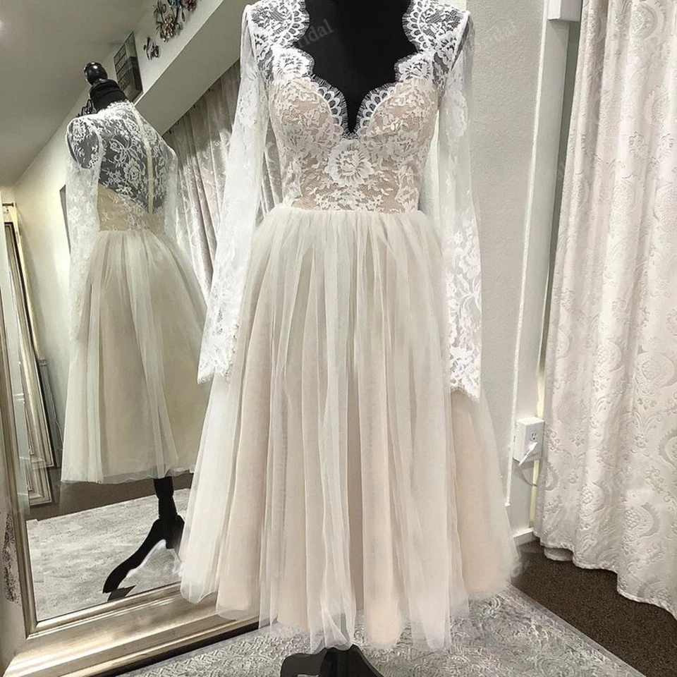 Champagne Short Wedding Dresses With Long Sleeves Lace Tea Length Bridal Gowns - Image 4 of 4