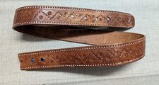 vintage HANDCRAFTED buckle belt TOOLED cowhide 34 brown leather GEOMETRIC boho