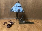Vintage Art Deco Bronze Laying Lady Lamp with Tiffany stile Glass Shade