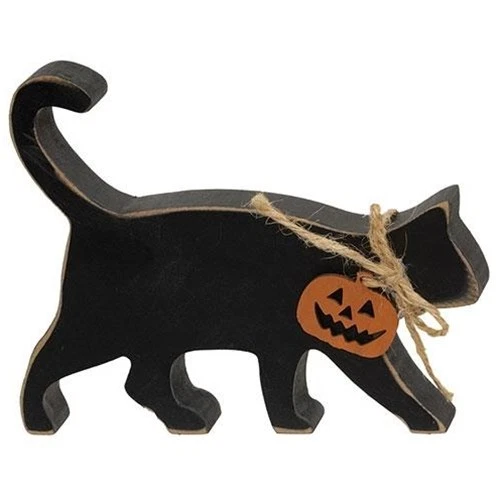 NEW Primitive Halloween CAT BLACK JACK-O-LANTERN WOOD Fall Shelf Sitter 4.5"x6"