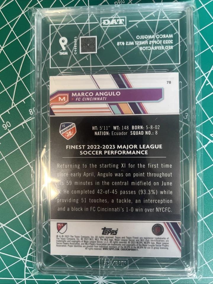 2023 Topps Finest MLS #78 Marco Angulo Red Refractor 4/5 TAG 9 - Image 2 of 2