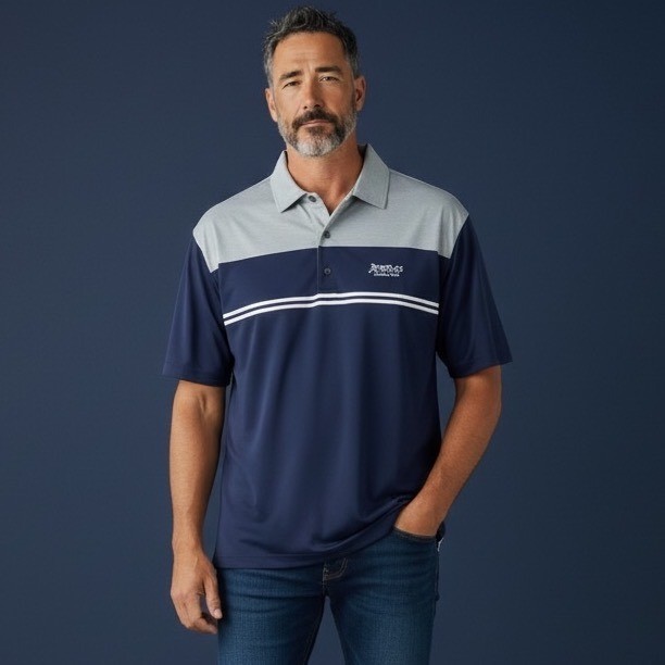 Footjoy FJ Mens Polo Shirt Navy Grey Stripe Golf Country Club Embroidered Size M