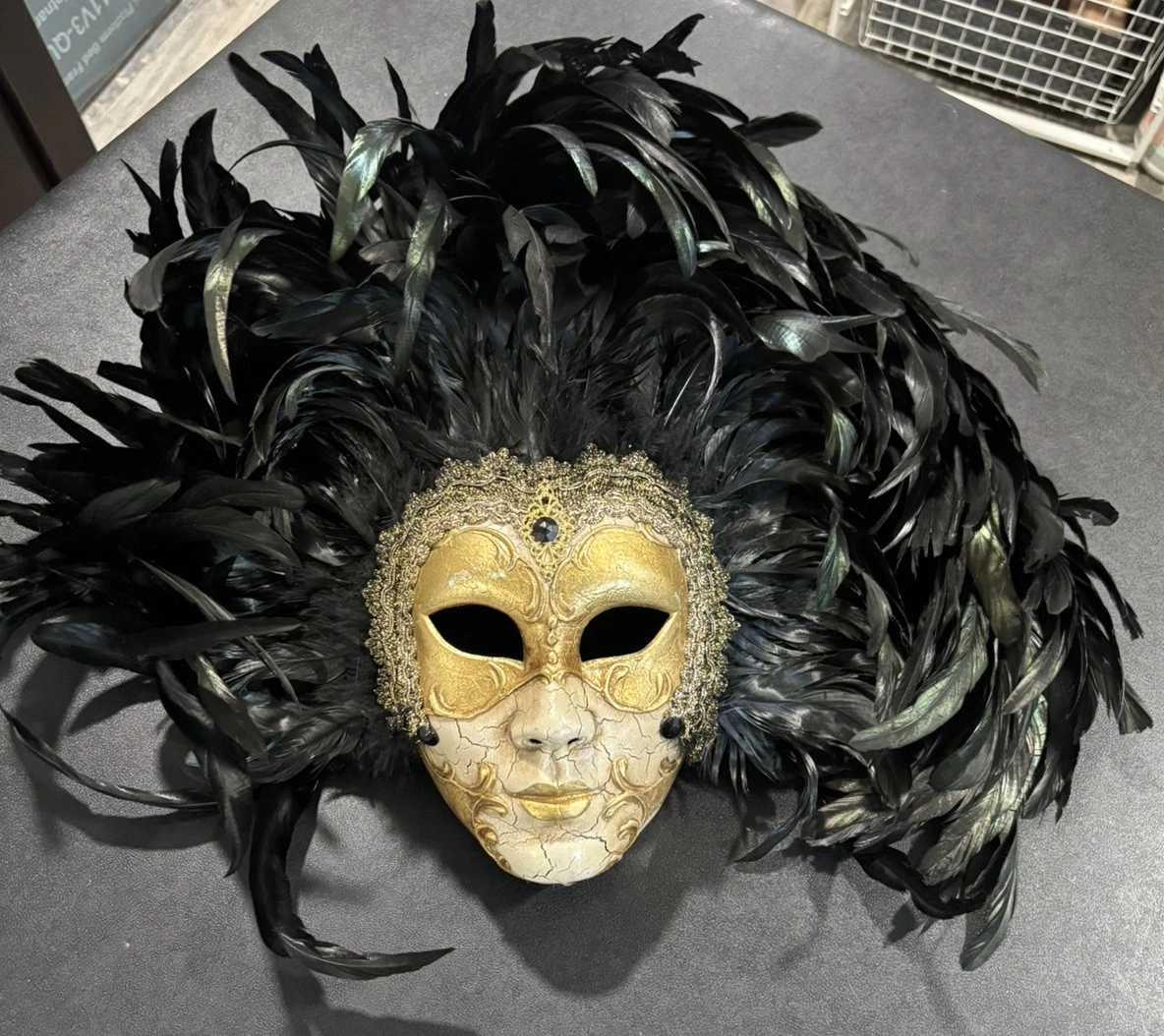 Venetian Masquerade Mask Full Face Black Feathers