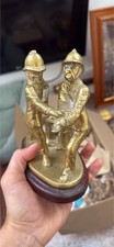 Fireman Hose Team Figurine Brass Effect Firefighter Statue Vintage