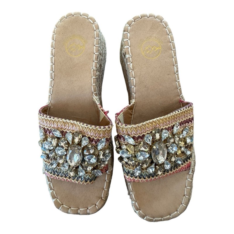 White Mountain Stitch Rhinestone Espadrille Wedge Sandals Natural Multi Sz 7M