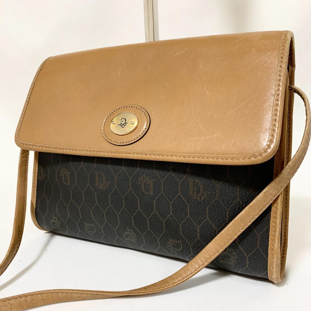 Dior Honeycomb PVC Leather Crossbody Shoulder Bag Brown 8.7x6.3in Japan