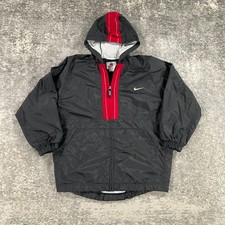 Vintage Nike Track Jacket Boys Large Black Red Full Zip Lined Hooded 90s Swoosh