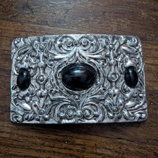 Vintage Silver-Tone Floral Rectangular Belt Buckle Black Stones 32 