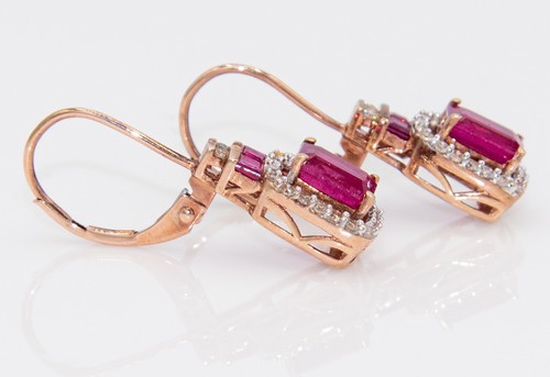 14K Pink Gold Ruby & Diamond Drop Earrings – Vintage-Inspired with Lever Backs - Picture 2 of 11