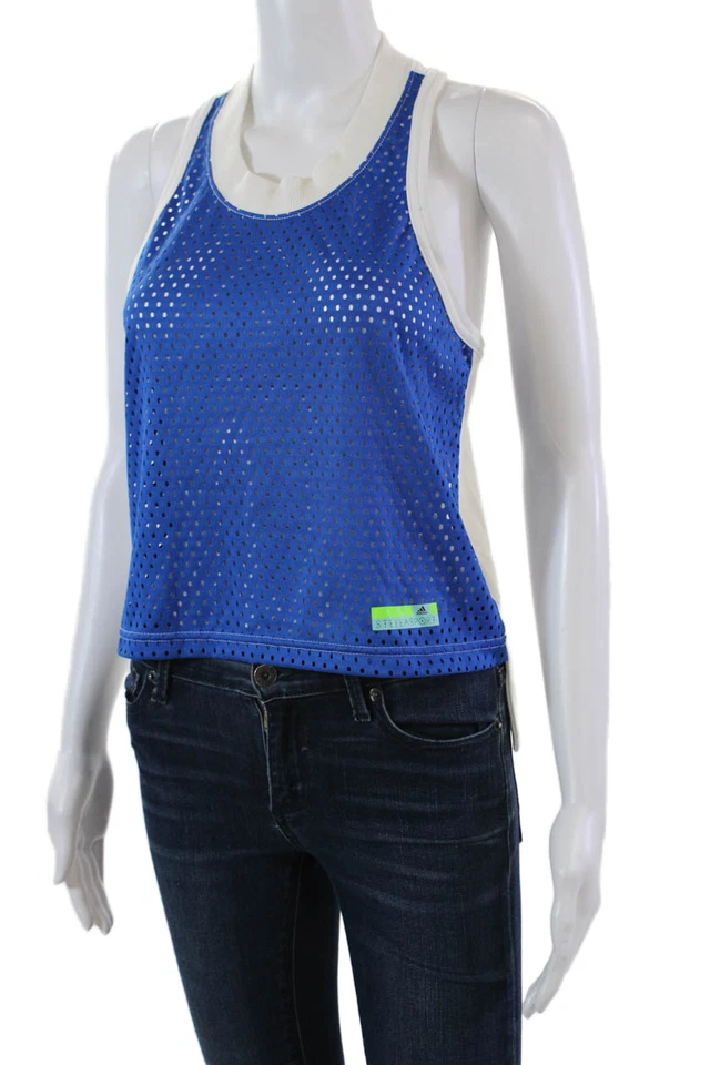 Adidas by Stella McCartney Mujer Cuello Redondo Perforado Top Blanco Azul Pequeño Foto 2 de 4