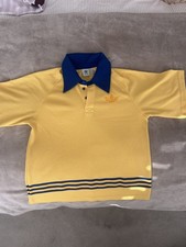 Adidas 70s retro Oversized Polo Yellow Blue Stripe Knitted Shirt UK 12 M L
