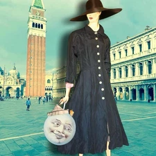 Vintage 1940s New Look Black Silk Duster Princess Coat Button Front Jacket Small