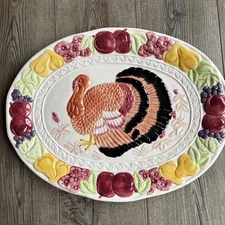 BEAUTIFUL Large 18X14" VTG. Raised Ceramic Hand Painted Colorful Turkey Platter