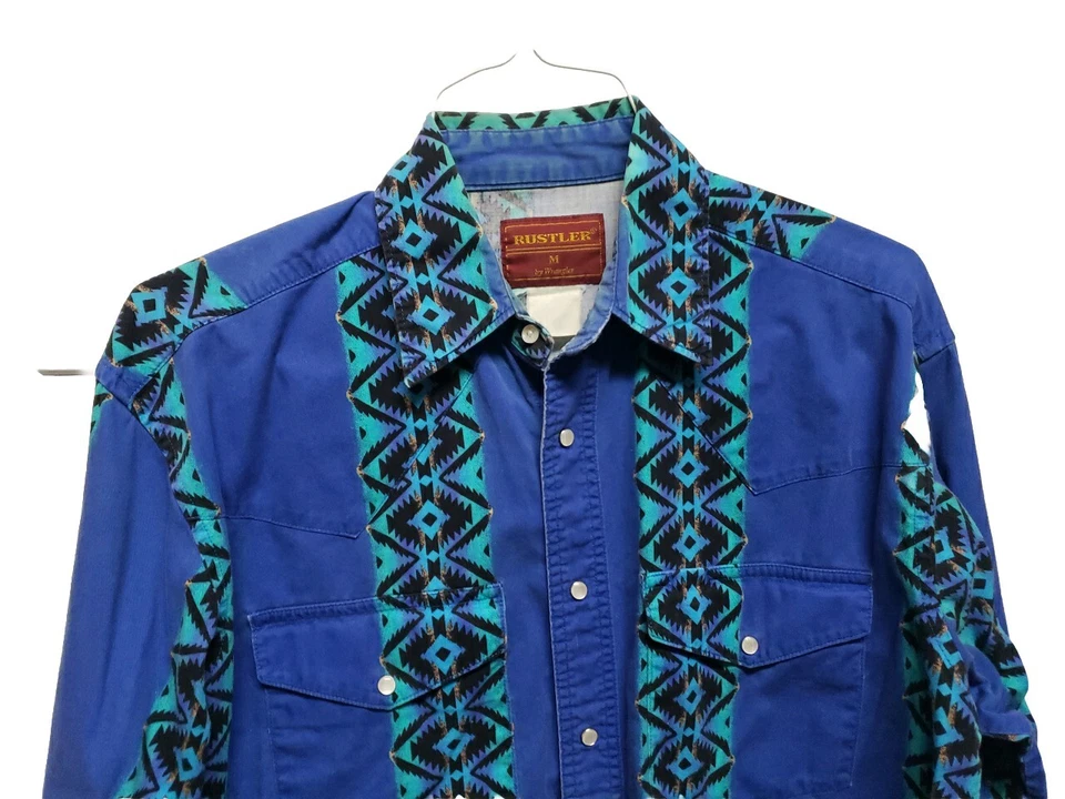 Camisa Rustler Para Hombres Rockabilly Occidental M Vaquero Azteca Estampado Indio De Colección Foto 3 de 4