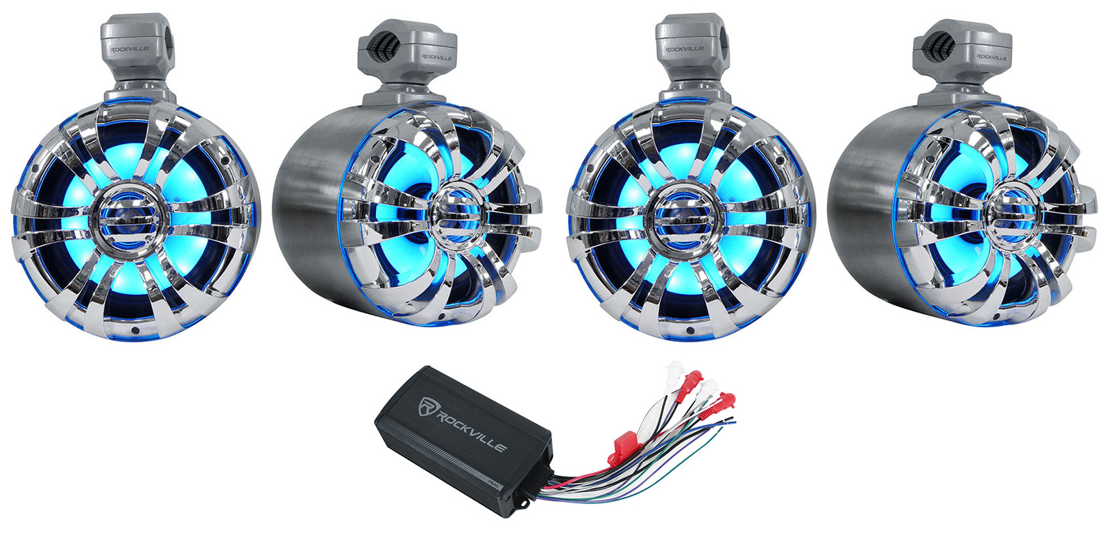 4 Динамики Rockville 65 LED Silver Tower Усилитель Bluetooth PS40 для квадроциклов UTVRZR