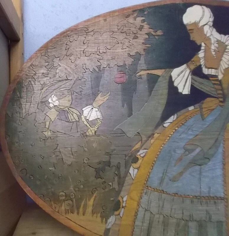 PYROGRAVURE POLYCHROME JOLI PANNEAU OVALE PYROGRAVE SCENE GALANTE (P1) - Photo 3/4