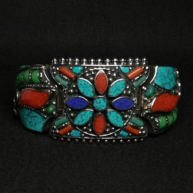 Antiguo Brazalete Chino Tíbet Incrustación Plata Turquesa Coral Mellite Colección Foto 2 de 4
