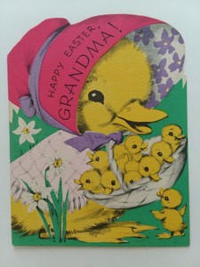 1950s-Vtg-EASTER-CHICK-w-Basket-of-BABY-CHICKS-Volland-GRANDMA-Greeting-CARD