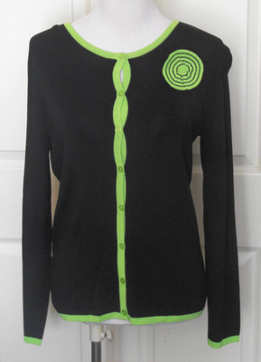 NWOT Sag Harbor Black Rayon Sweater Lime Green Trim B36 Small ***