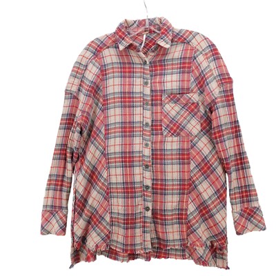 FREE PEOPLE Juniper Ridge Plaid Herringbone Button Front Shirt Frayed Hem XS
