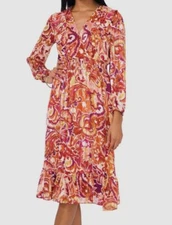 Msk Women's Orange Printed Ruffled Smocked MIDI Dress Petite Size: PM