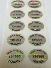 100 CUSTOM PRINTED TAMPER EVIDENT SILVER HOLOGRAM LABELS .65 INCH ROUND