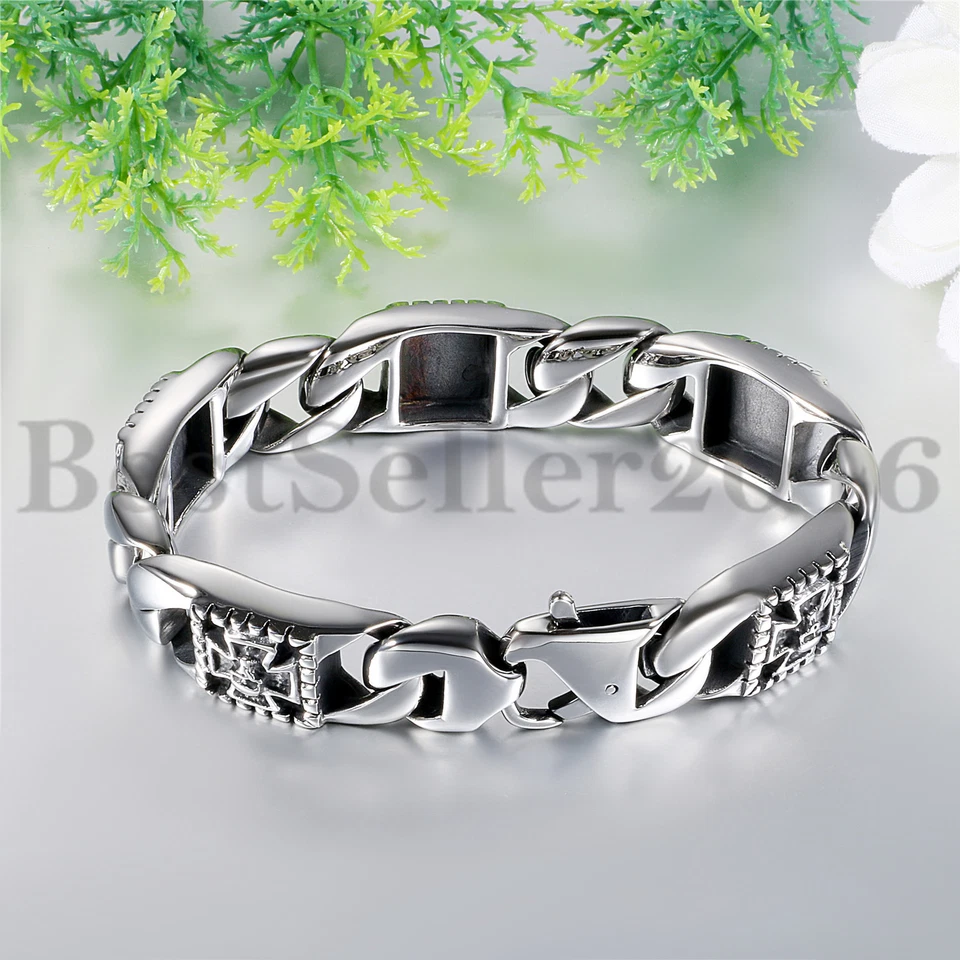 Brazalete cruzado calavera cadena bordillo cubano pesado para hombre brazalete de motociclista de acero inoxidable 8,7" Foto 3 de 4