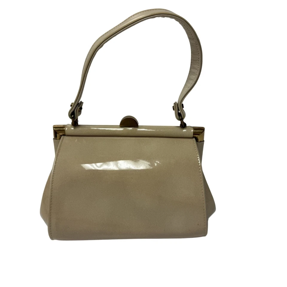 Bolso de Mano Vintage Años 50 J Miller Beige Tostado PATENTE Cuero Bolso de Noche Cartera Cartera Foto 3 de 4